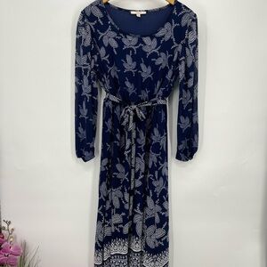 Elegant Navy Blue Floral Dress Midi Scoop Neck Long Sleeve